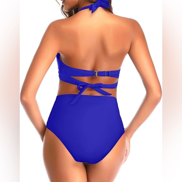 Two Piece Vintage Swimsuit Retro Halter Ruched High Waist Bikini with Bottom - Picture 5 of 6